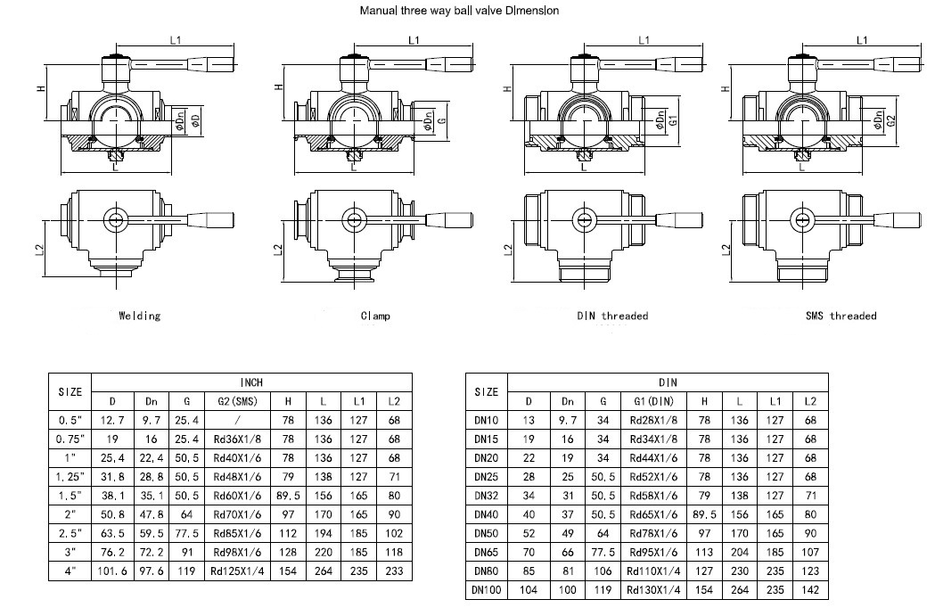 Sanitary Stainless Steel 3 Way Manual Full Port Ball Valve With Tri